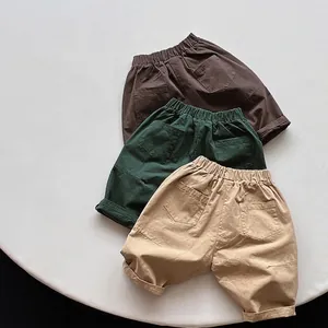 Shorts décontractés pour enfants en coton marron, vert et beige à taille élastique