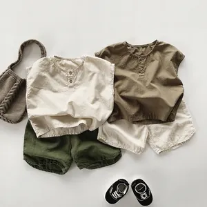 Kids summer cotton linen clothing set with sleeveless tops and shorts in neutral earthy tones