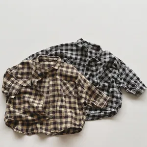 Chemise à Carreaux en Coton pour Enfants Manches Longues Style Coréen Décontracté Ample Avec Revers Et Doubles Poches