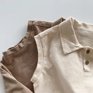 Kids cotton sleeveless polo and round neck vest tops in beige and dark brown colors