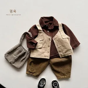 Classic cotton long-sleeve shirt with utility vest and olive green pants set for kids