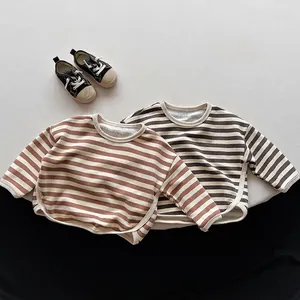 Ensemble de pulls rayés à manches longues pour enfants en coton marron et gris avec col rond