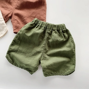 Breathable cotton linen blend kids shorts in green red and beige colors detail