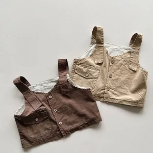 Kids Cotton Vest Vintage Korean Style Solid Color Sleeveless Waistcoat With Wood Buttons For Toddler Spring Autumn Outfit