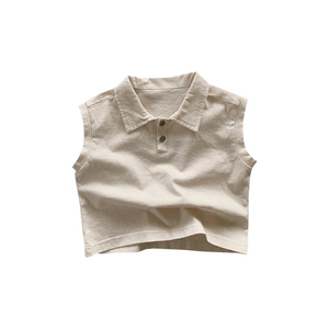 Kids minimalist beige cotton sleeveless Polo vest with buttons for boys and girls