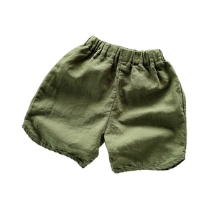 Olive green cotton linen shorts for kids with elastic waistband and casual loose fit