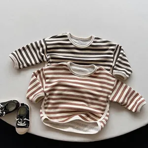 T-Shirt à Manches Longues Rayé pour Enfants en Coton Col Rond Pullover Doux Respirant Décontracté Automne Top pour Garçons Filles