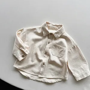 Detailed macro view of high-quality cotton linen fabric texture and wooden buttons on shirt