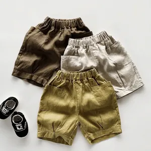 Short Vintage en Pur Lin pour Enfants Été Décontracté Taille Élastique Avec Poches pour Garçons Filles Respirant Pantalons Enfants