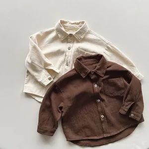 Korean Style Kids Cotton Long Sleeve Shirt Solid Color Turn Down Collar Button Up Top For Boys Girls Daily Casual