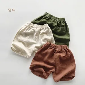 Kids Cotton Linen Shorts Summer Breathable Casual Loose Bottoms Elastic Waist Children Solid Color Toddler Unisex Pants