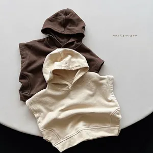 Minimalist hooded cotton vest for toddlers in dark brown and off-white colors