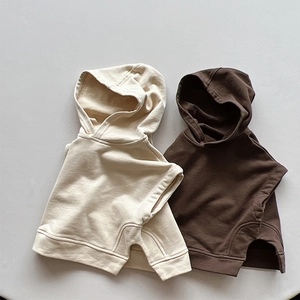 Detailed flat lay of soft knit cotton hooded vests in beige and dark brown colors