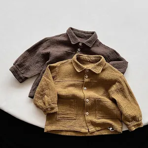 Kids Double Layer Cotton Jacket Korean Style Long Sleeve Crinkle Texture Lapel Outerwear Coat For Boys Girls Spring Autumn