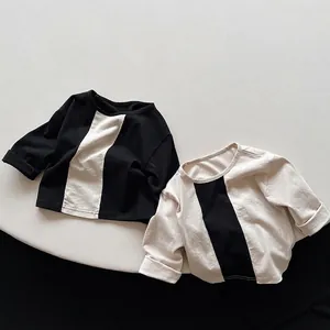 Kids long sleeve cotton T-shirt set with striped patchwork design in black and beige
