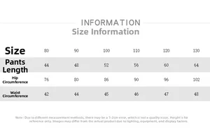 Detailed size chart for children's striped leisure pants including length and waist specs