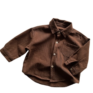 Classic dark brown long-sleeved cotton shirt for kids with chest pocket and white buttons
