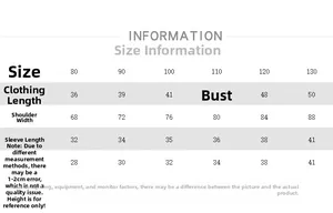 Size chart for children's cotton long sleeve shirts covering height 80cm to 130cm dimensions