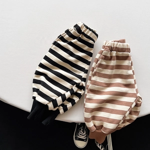 Kids casual striped joggers in black and brown cotton fabric with elastic cuffs
