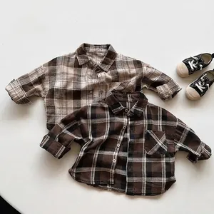 Vintage retro kids plaid flannel shirts set in dark brown and beige checkered colors