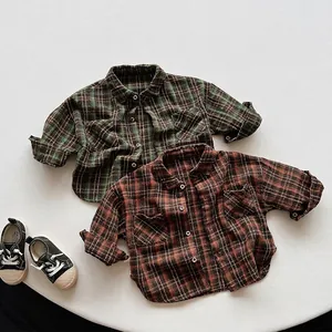 Kids Long Sleeve Plaid Shirt Cotton Brushed Flannel Casual Button Down Turndown Collar Top For Boys Girls School Everyday