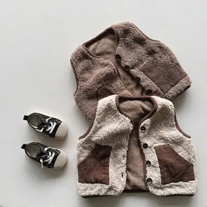 Gilet in Pile Sherpa per Bambini Colore a Contrasto Tasca in Velluto a Coste Caldo Gilet Senza Maniche per Bambini Inverno