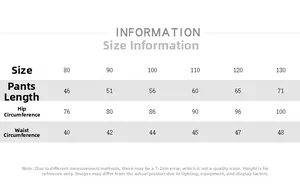 Detailed size chart for kids' casual joggers showing pants length, hip, and waist dimensions