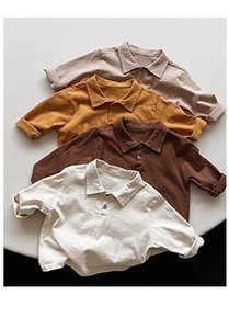 Flat lay of long-sleeve kids' polo shirts in four earthy tones with knit texture detail