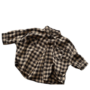 Chemise à carreaux vintage en coton et lin pour enfants avec col et doubles poches poitrine