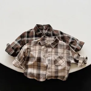 Kids Plaid Cotton Long Sleeve Shirt Korean Retro Style Toddler Boys Girls Button Down Checkered Top Autumn Clothing