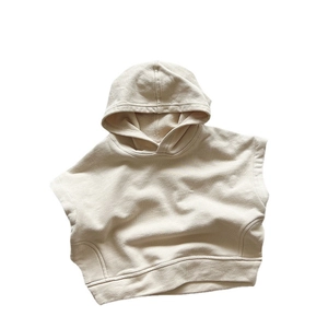 Kids minimalist hooded cotton sweatshirt vest in cream beige with ribbed hem for spring