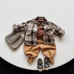Kids retro plaid shirt set with brown polo and yellow jogger pants for autumn style