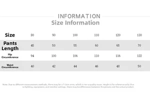 Detailed size guide for wide-leg kids trousers showing length and waist measurements