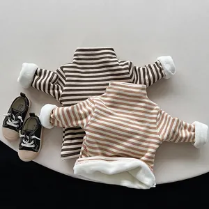 Kids Winter Fleece Lined Striped T-Shirt Long Sleeve Thermal Base Layer Top For Boys Girls Warm Cotton Polyester Undershirt