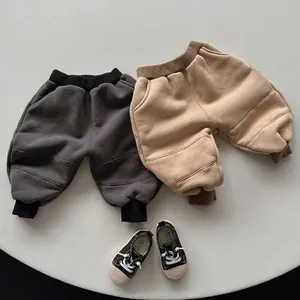 Kids Fleece Lined Sweatpants Winter Warm Cotton Casual Contrast Color Tapered Jogger Pants For Boys Girls Children Clothing