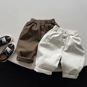 Kids Korean Style Cotton Casual Pants With Brushed Lining Warm Autumn Winter Toddler Solid Color Elastic Waist Trousers