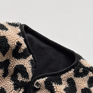 Children's leopard print plush jacket with fleece texture and metal button closure