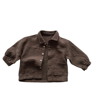 Kids vintage dark brown double-layer cotton shirt with texture and button pockets