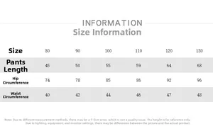 Detailed size chart for kids winter casual pants including length, hip and waist measurements