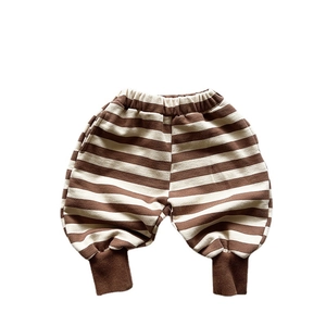 Kids casual striped harem pants with elastic waist and ribbed cuffs in brown and beige