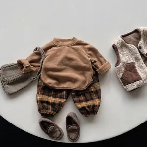 Winter kids fleece long sleeve top and plaid trousers set with cozy lamb wool vest