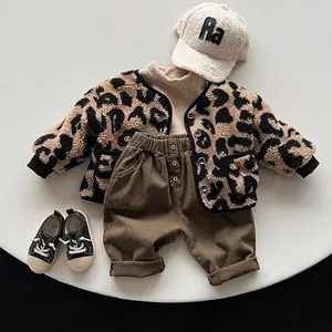 Kids leopard fleece cardigan with beige turtleneck and brown pants winter outfit