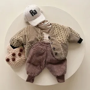 Korean style children's thick striped jacket with brown pants and plush cap winter set