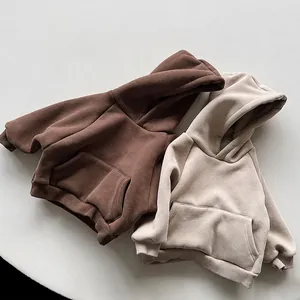 Kids Korean Style Warm Fleece Hooded Pullover Hoodie Cotton Polyester Integrated Fleece Solid Color Hoodie For Boys Girls
