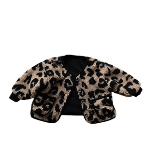 Kids leopard print faux fur jacket with black V-neck trim and warm buttons closure
