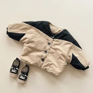 Kinder Winter Wattierte Jacke Farbblock Knöpfe Warmer Mantel Für Jungen Mädchen Koreanischer Stil Retro Dicke Oberbekleidung