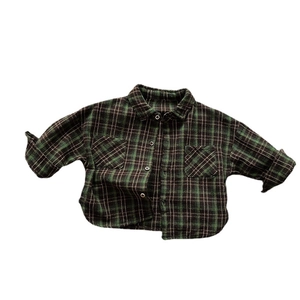 Kids long sleeve plaid shirt in green and black with double front pockets and lapel