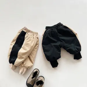Kids Winter Fleece Lined Thick Casual Pants Korean Style Color Blocking Contrast Cotton Joggers For Boys And Girls