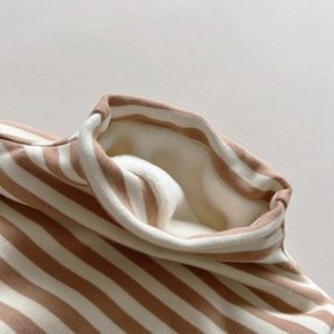 Winter striped fleece-lined warm thermal top for kids with cozy mock neck detail
