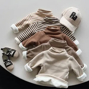 Kids Winter Fleece Lined Thermal Mock Neck Long Sleeve T-Shirt Striped Solid Color Warm Base Layer Top For Boys Girls